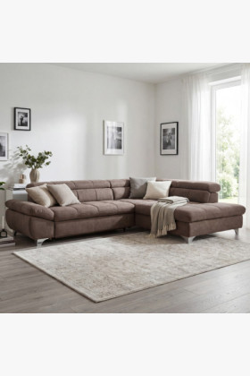 Ágyazható sarokkanapé jobb oldali, keményfa vázzal, szürke-barna